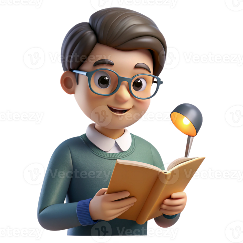 extraordinary rustic Portrait of a student with a focused expression, wearing glasses and reading a book, lit by a desk lamp, in a realistic style detailed png