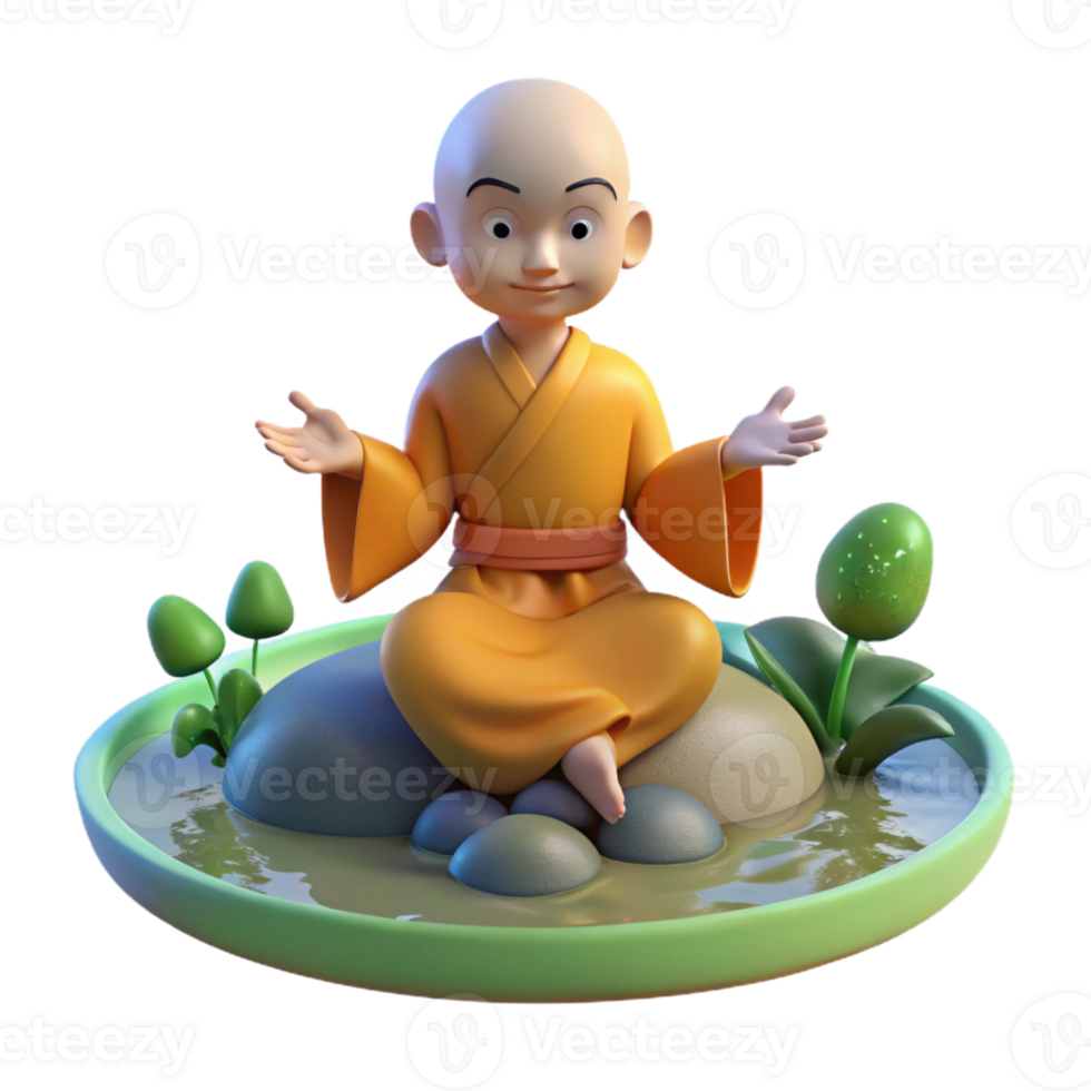 dramatic classic A serene meditating monk levitates above a tranquil pond. Soft, morning light. Zen style detailed png