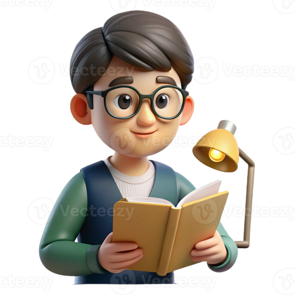 serene classic Portrait of a student with a focused expression, wearing glasses and reading a book, lit by a desk lamp, in a realistic style detailed png