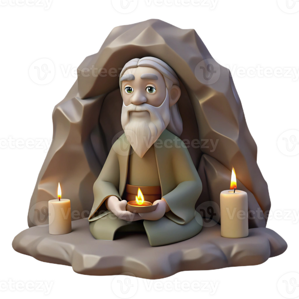 impressive vintage A wise old hermit with a long white beard and tattered robes, meditating in a mountain cave, illuminated by a single candle. Spiritual art style 4K png