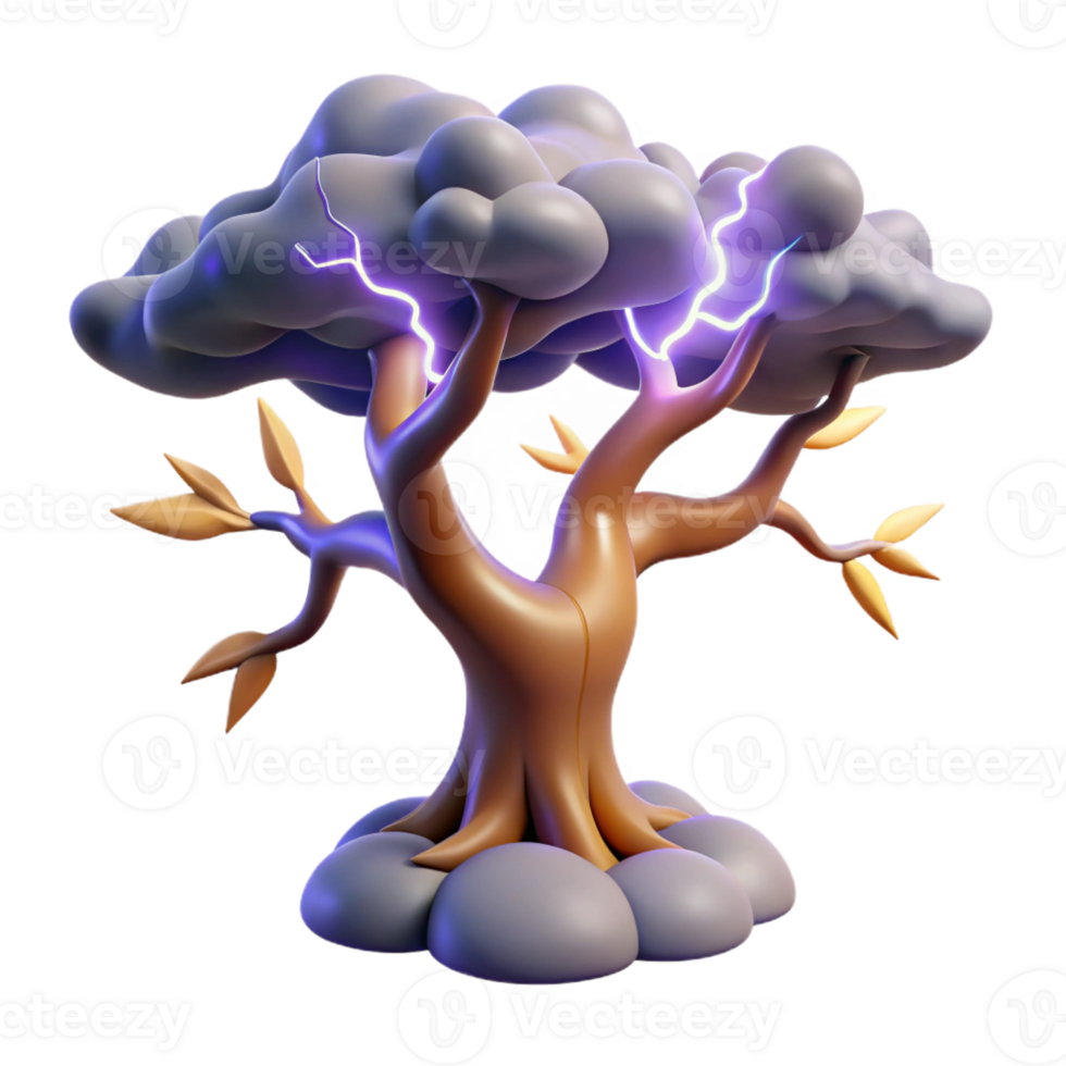 elegant minimalist A gnarled oak tree in a thunderstorm, dramatic lightning, powerful style detailed png