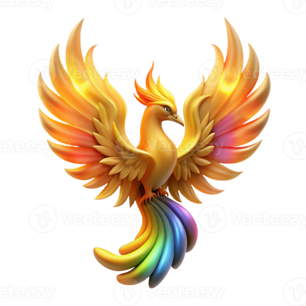 serene abstract An ethereal phoenix rising from a pyre of golden flames, its feathers ablaze with rainbow hues, lit by its own light, in a majestic fantasy style original png