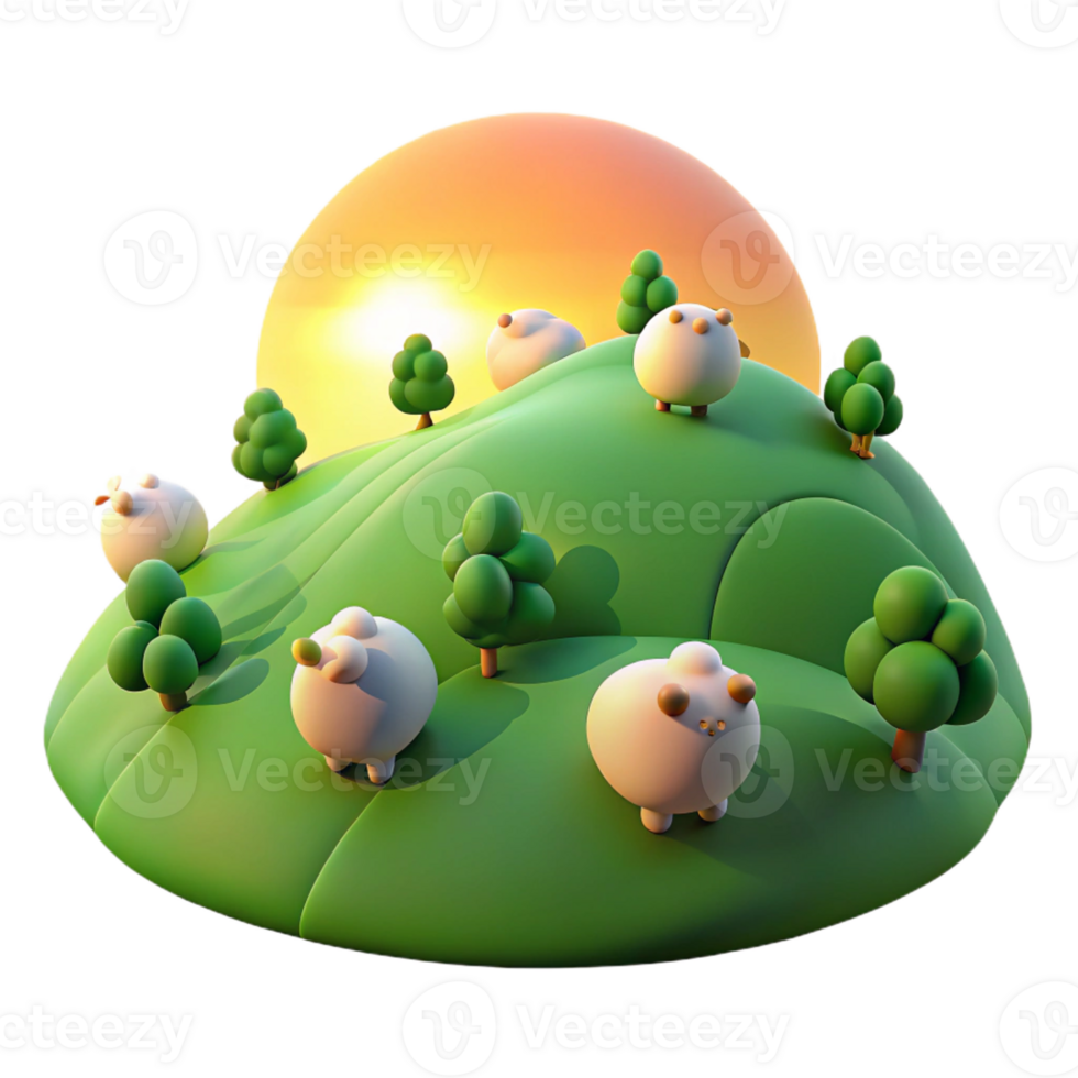 beautiful classic A rolling green hill dotted with sheep, bathed in the warm glow of a summer sunset, with a peaceful, pastoral painting style 4K png
