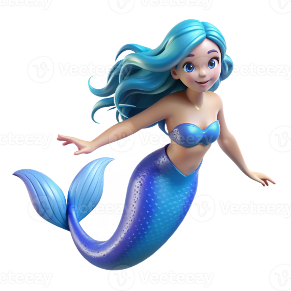 impressive creative A graceful mermaid with flowing blue hair and shimmering scales, swimming in crystal-clear water, sunlight filtering through the surface, serene and magical style professional png