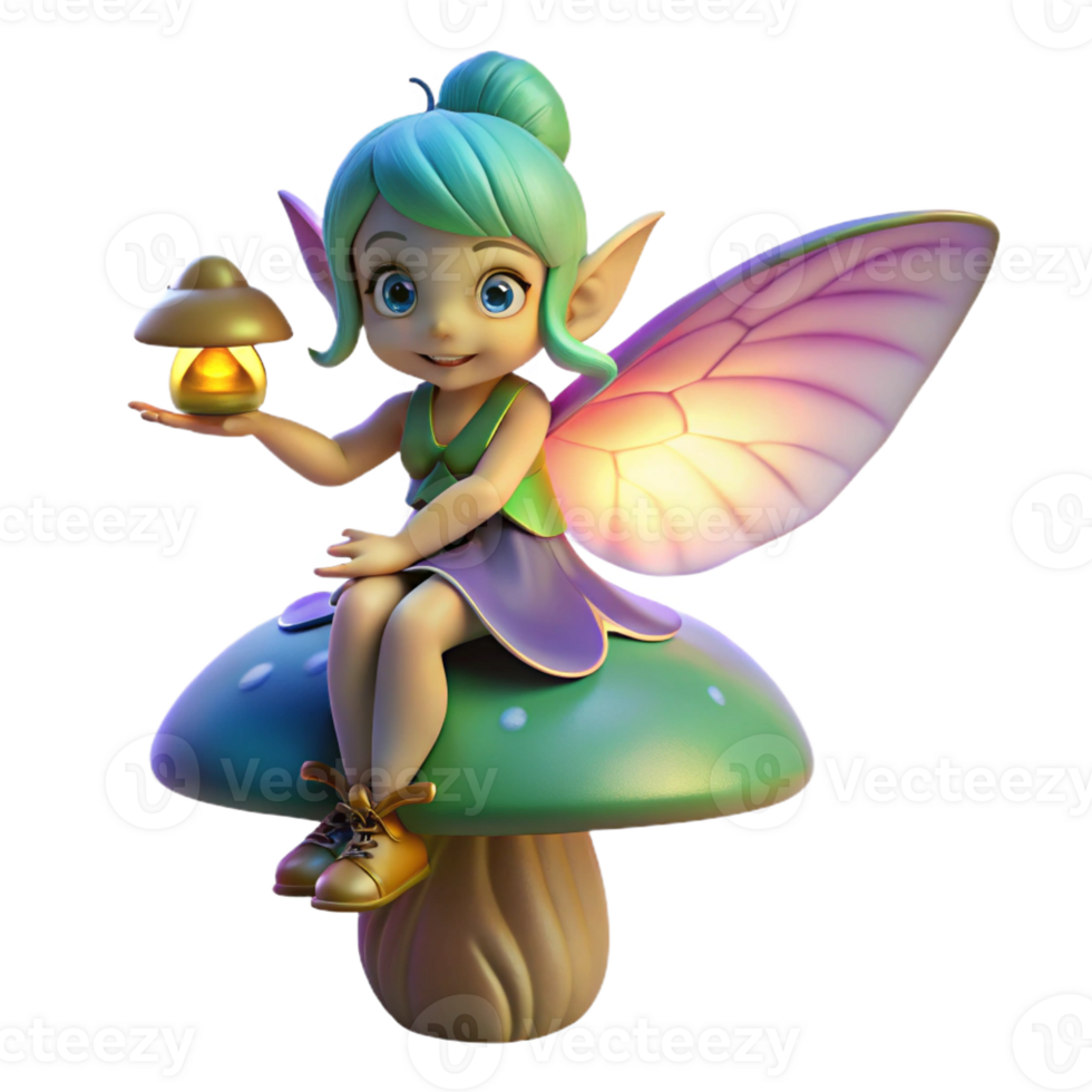 extraordinary creative A mischievous pixie with iridescent wings, perched on a giant, bioluminescent mushroom, holding a tiny lantern. Soft, magical lighting. Dreamlike style original png