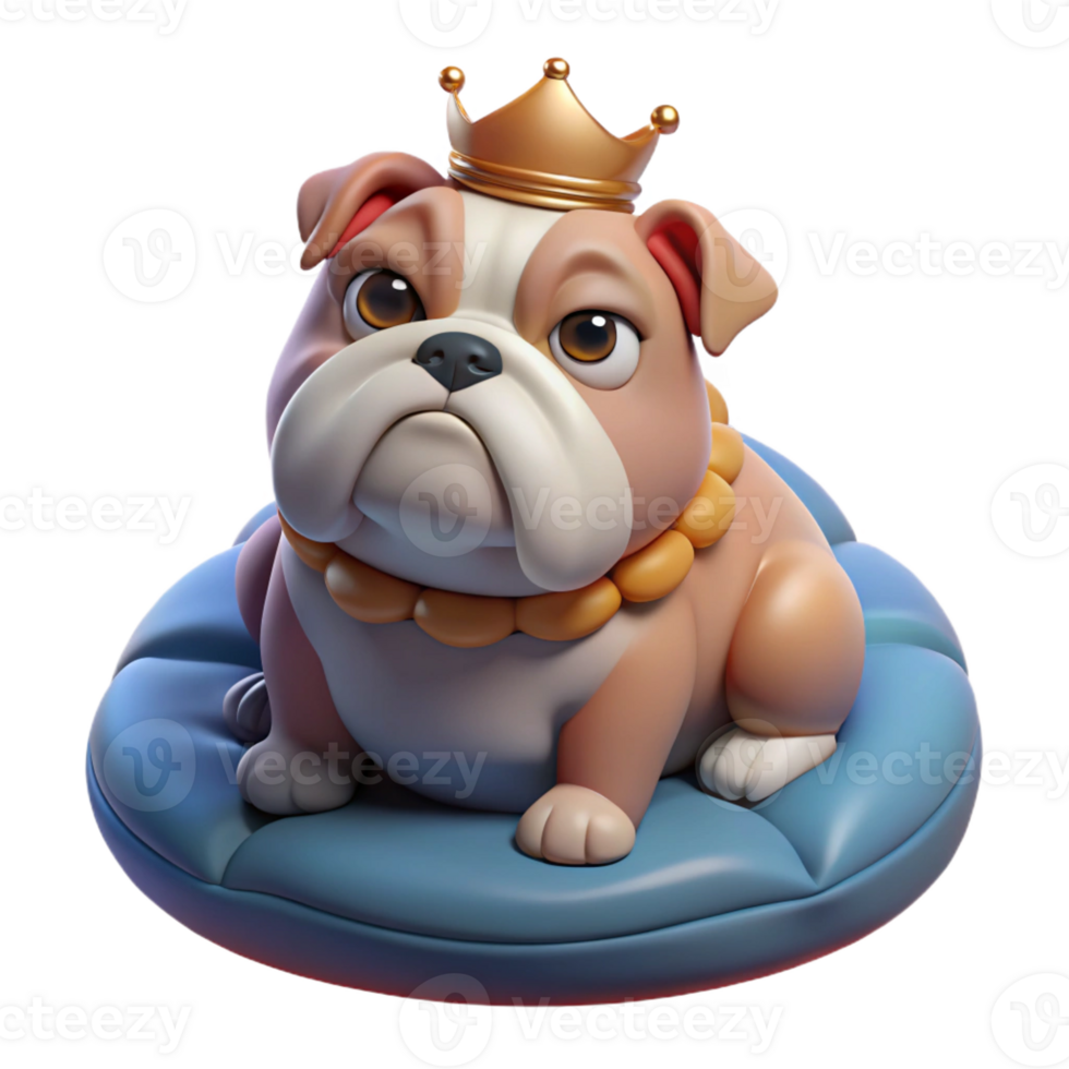 elegant abstract A grumpy-looking bulldog wearing a tiny crown, sitting on a velvet cushion, depicted in a humorous, caricature style exclusive png