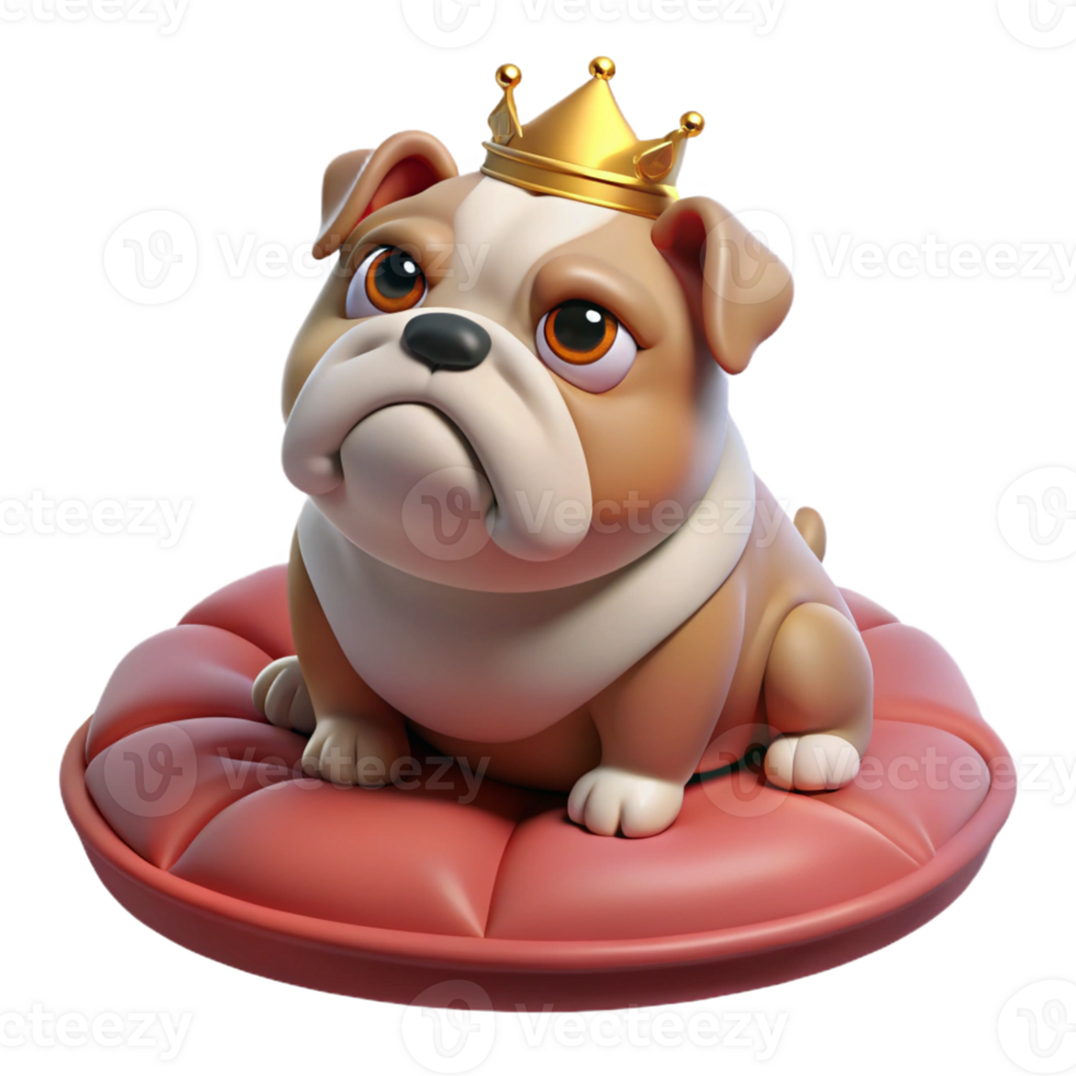 impressive contemporary A grumpy-looking bulldog wearing a tiny crown, sitting on a velvet cushion, depicted in a humorous, caricature style authentic png