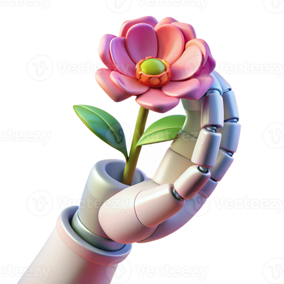 dramatic abstract A robotic hand holding a delicate flower, contrasting textures, soft lighting authentic png