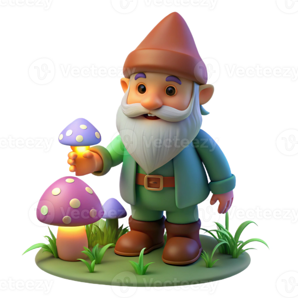 beautiful artistic A mischievous gnome with a pointed hat and bushy beard, tending to a glowing mushroom garden. Soft, whimsical lighting. Fairytale style original png