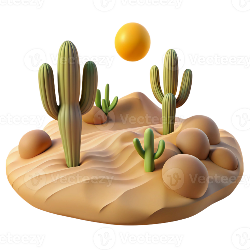 beautiful contemporary A desert landscape with sand dunes and cacti, harsh sunlight, realistic style genuine png