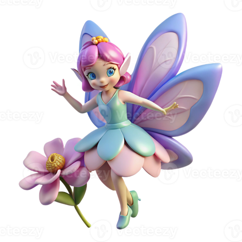 elegant creative A whimsical fairy with delicate, butterfly wings fluttering around a blooming flower. Dreamlike style, soft focus professional png