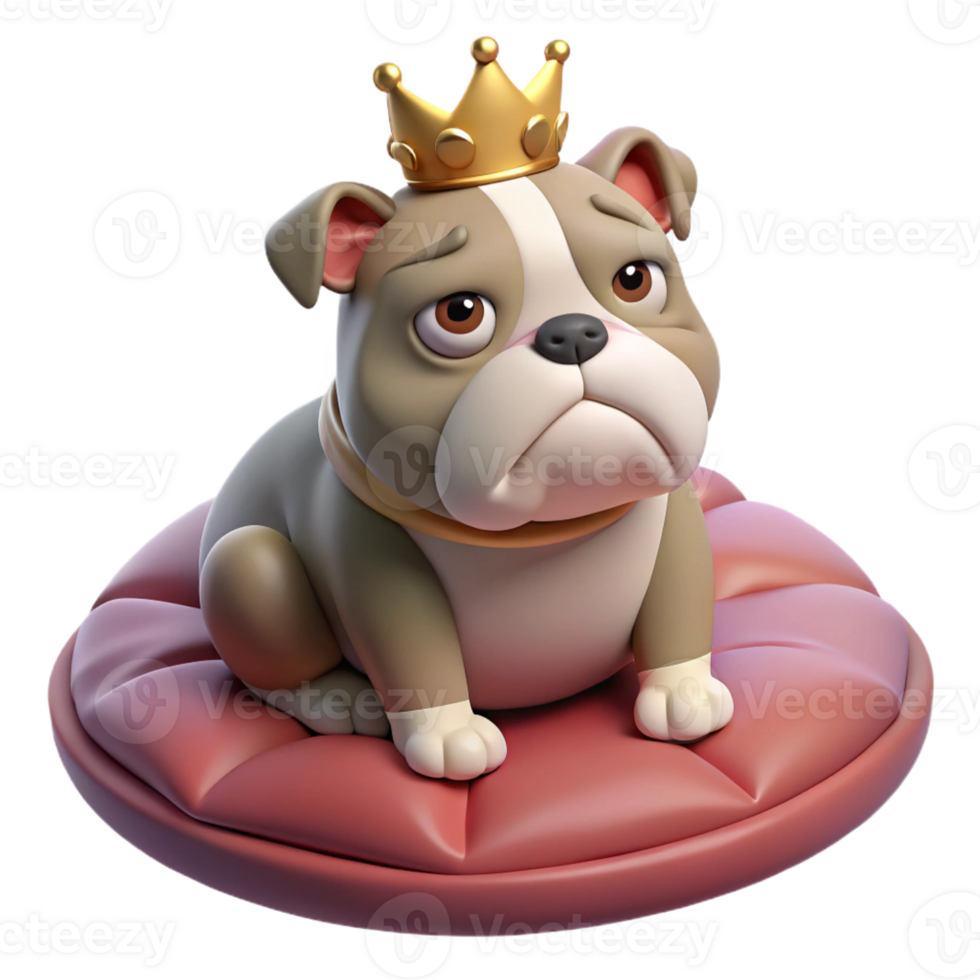 beautiful creative A grumpy-looking bulldog wearing a tiny crown, sitting on a velvet cushion, depicted in a humorous, caricature style original png