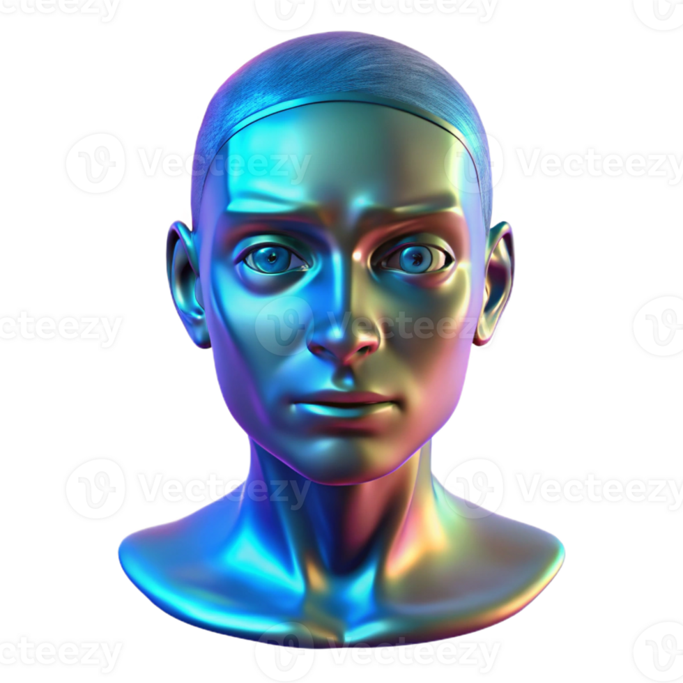 beautiful modern A holographic projection of a human face glitching and distorting, illuminated by the cool blue light of the projector. Glitch art style premium png