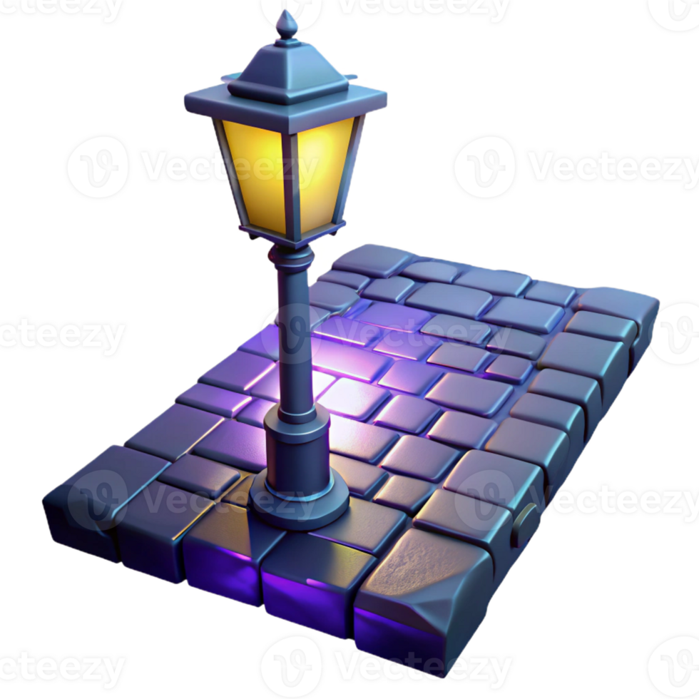 wonderful minimalist A lone streetlamp illuminating a cobblestone alleyway in a futuristic metropolis, cyberpunk style, volumetric lighting, rain-slicked surfaces high quality png