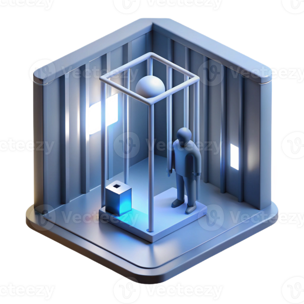 impressive artistic A futuristic prison cell with a lone figure silhouetted against a bright, sterile light, minimalist composition, graphic design style, sharp shadows 4K png