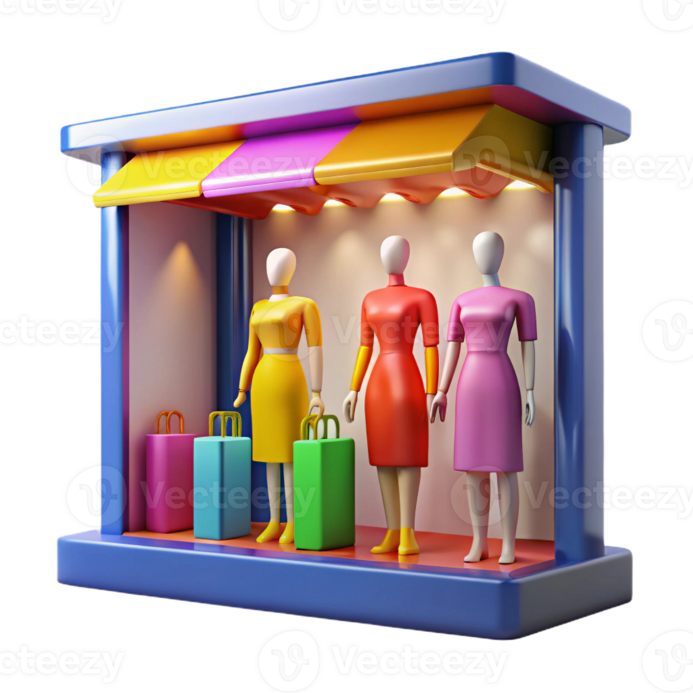 dramatic modern A brightly lit shop window displaying mannequins, consumerism theme, vibrant colors, pop art style exclusive png