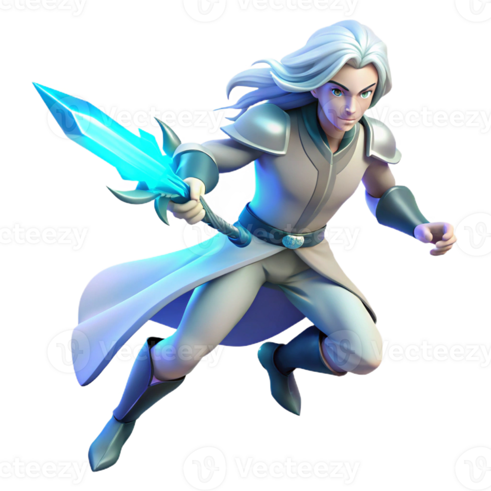 beautiful artistic A lone, ethereal warrior with flowing silver hair and glowing blue eyes, wielding a crystal sword, bathed in soft moonlight. Art Nouveau style professional png