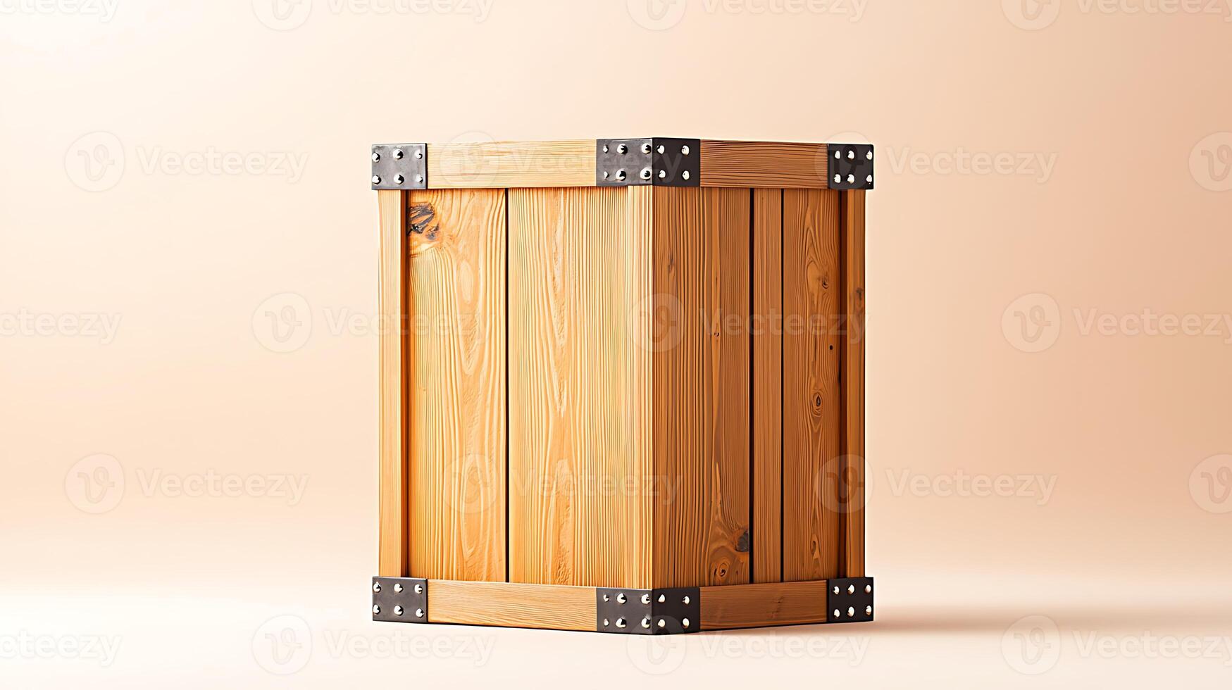 Wooden crate with metal corners placed against a soft, neutral background, showcasing craftsmanship photo