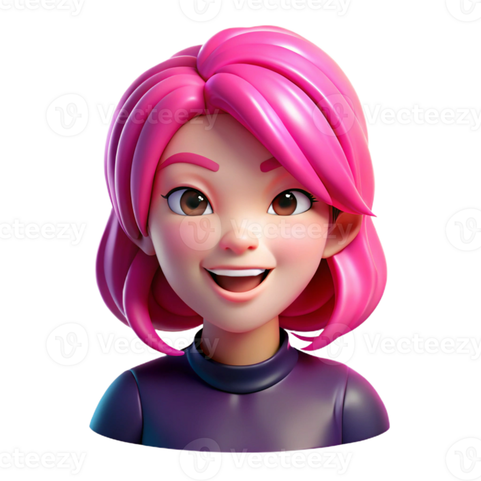 magnificent creative Portrait of a young woman with vibrant pink hair and a playful wink, lit by bubblegum pink neon lights, in a kawaii style high quality png