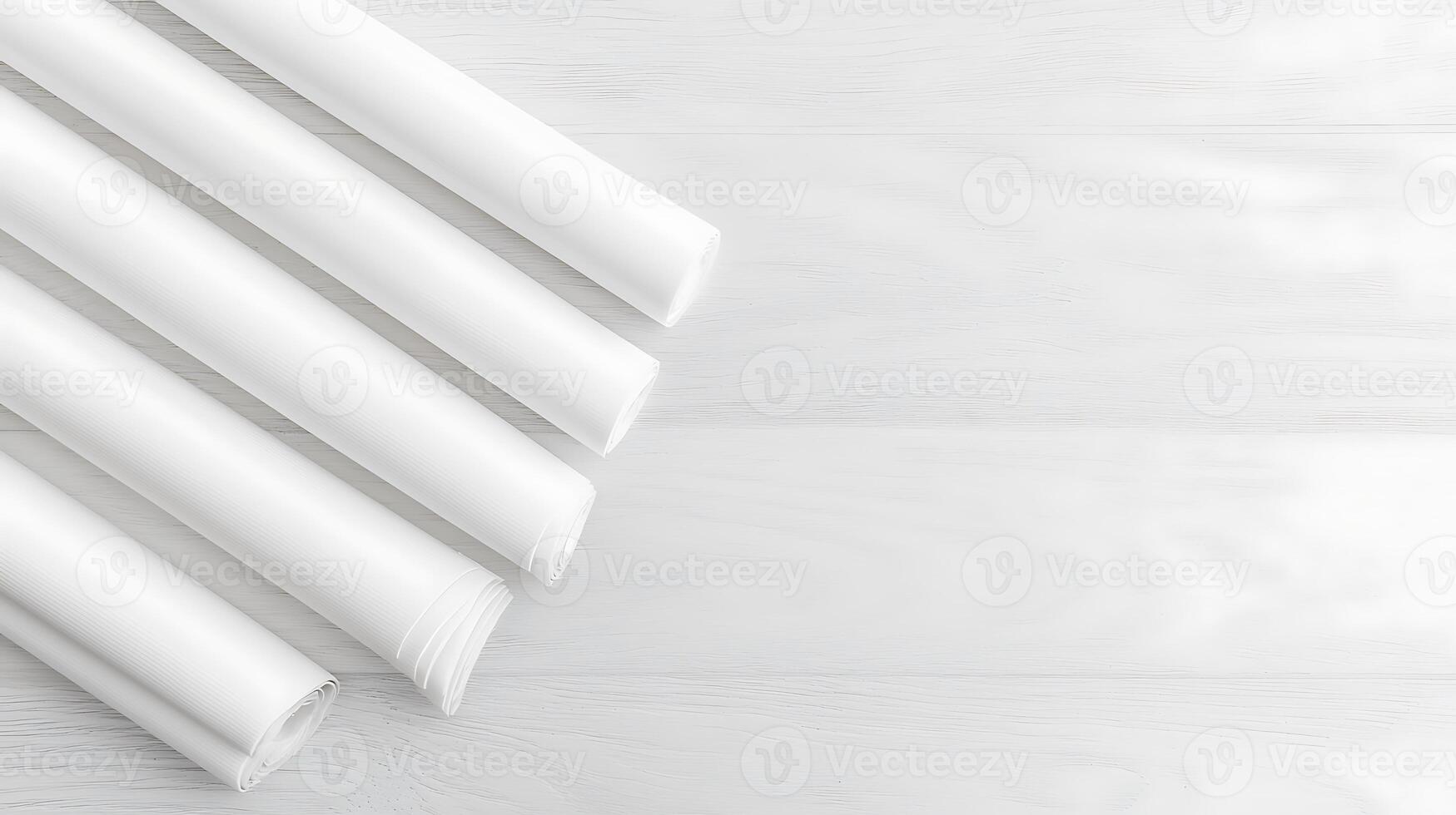 Rolled white paper sheets arranged neatly on a light wooden surface, ideal for art projects photo