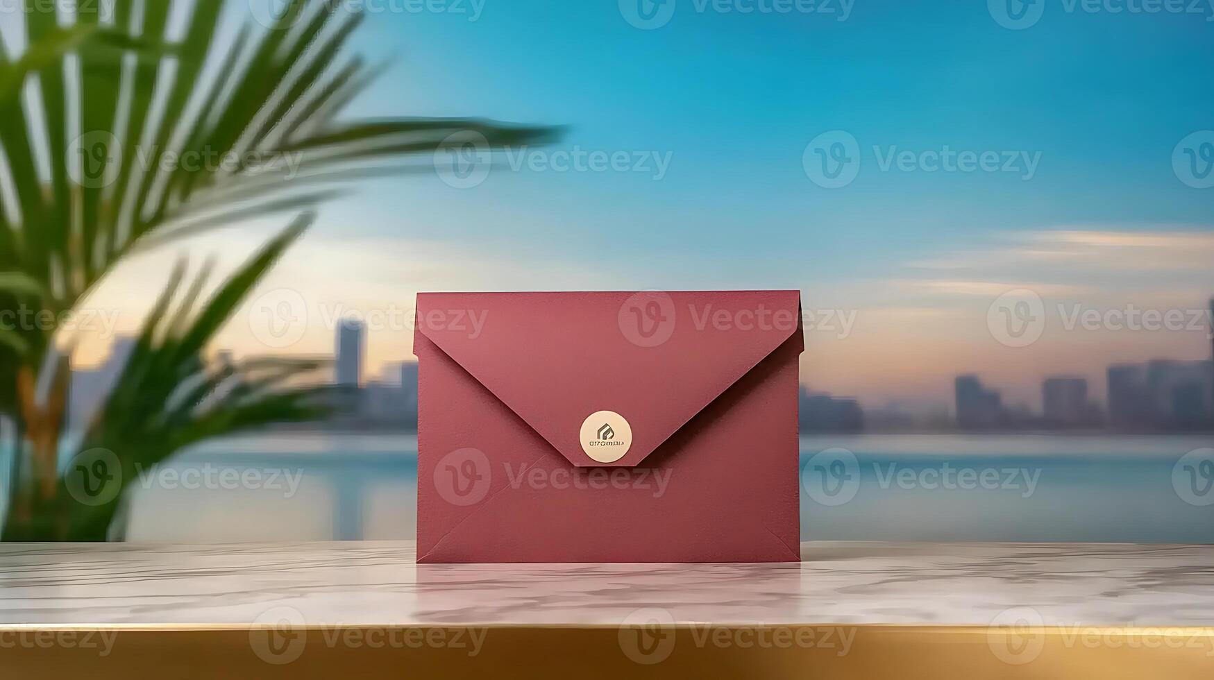 Elegant maroon envelope placed on a marble surface with a serene waterfront skyline at sunset photo