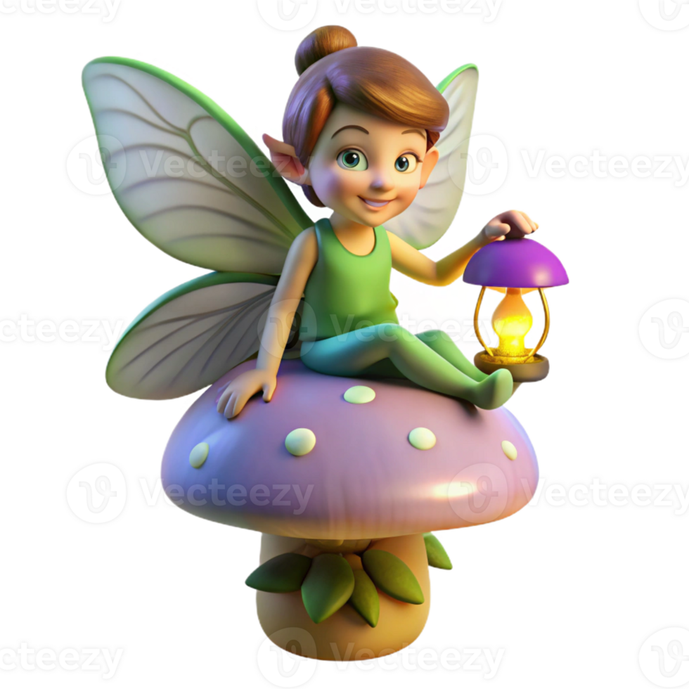 stunning abstract A mischievous pixie with iridescent wings, perched on a giant, glowing mushroom, holding a tiny lantern. Warm, whimsical lighting. Children's book illustration style authentic png