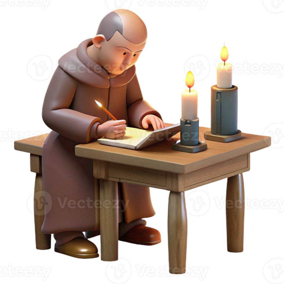 elegant minimalist A solitary monk writing in a scriptorium, illuminated by a single candle, quiet contemplative mood, realistic detail genuine png