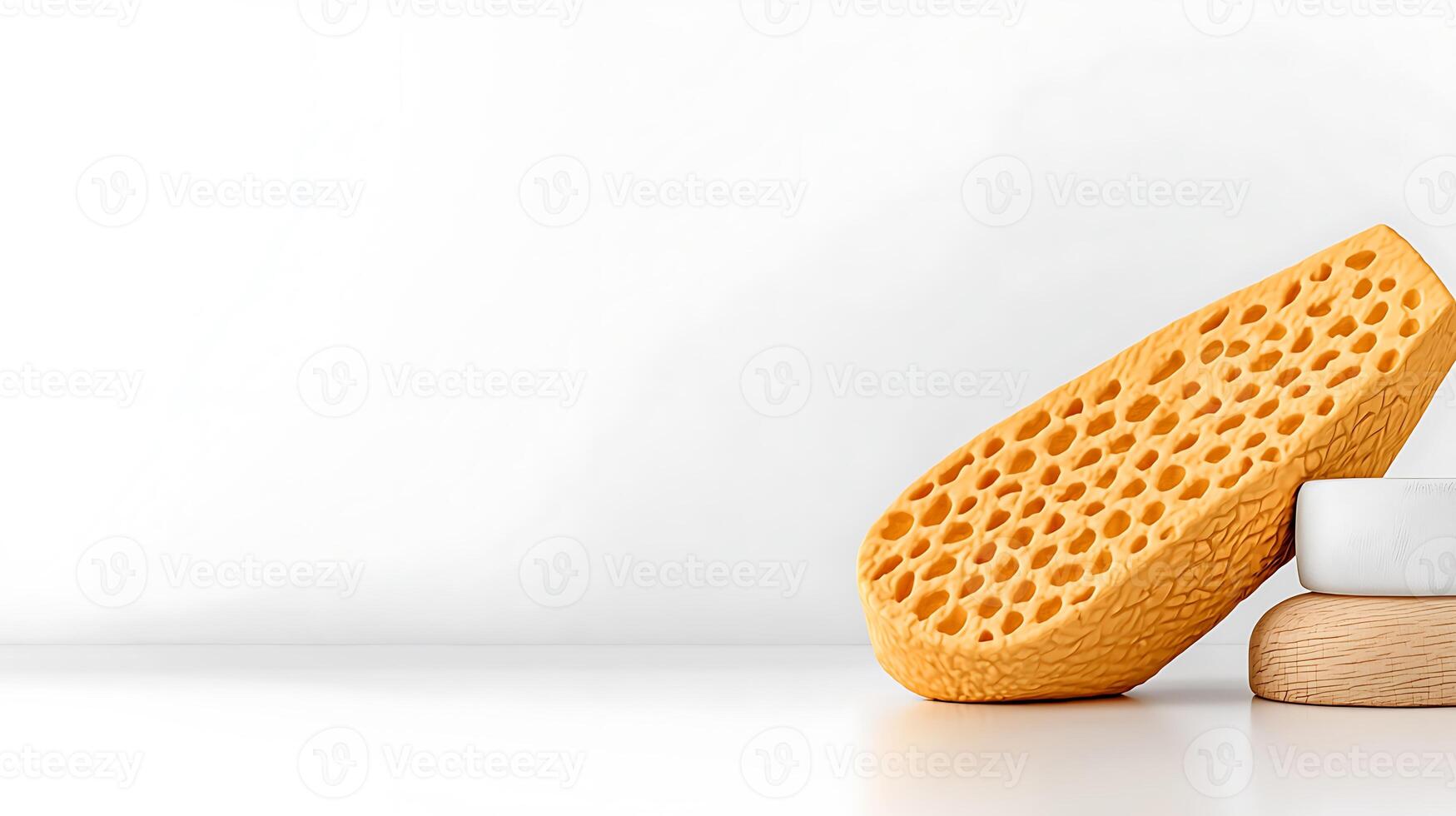 Close-up of a natural honeycomb sponge resting on a smooth surface with minimalistic background photo