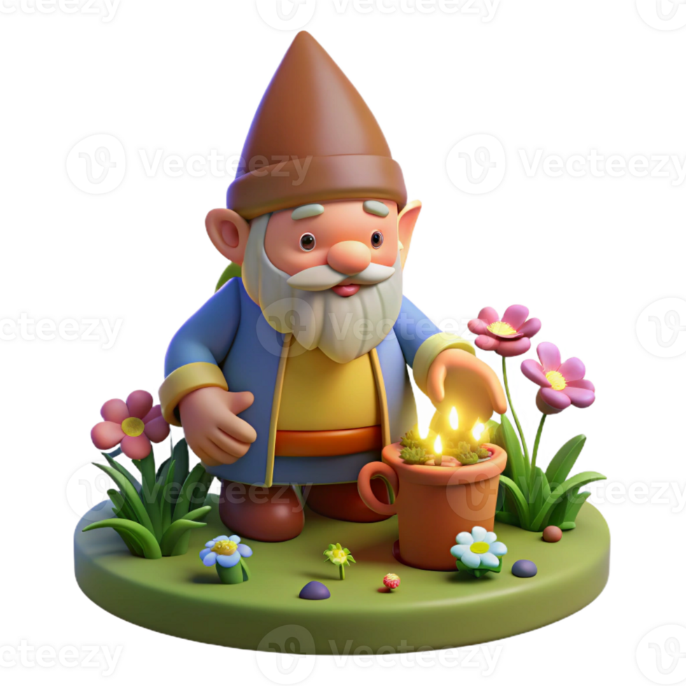 serene minimalist A whimsical gnome with a pointed hat and rosy cheeks, tending to a miniature garden filled with glowing flowers. Warm, inviting lighting. Storybook style genuine png