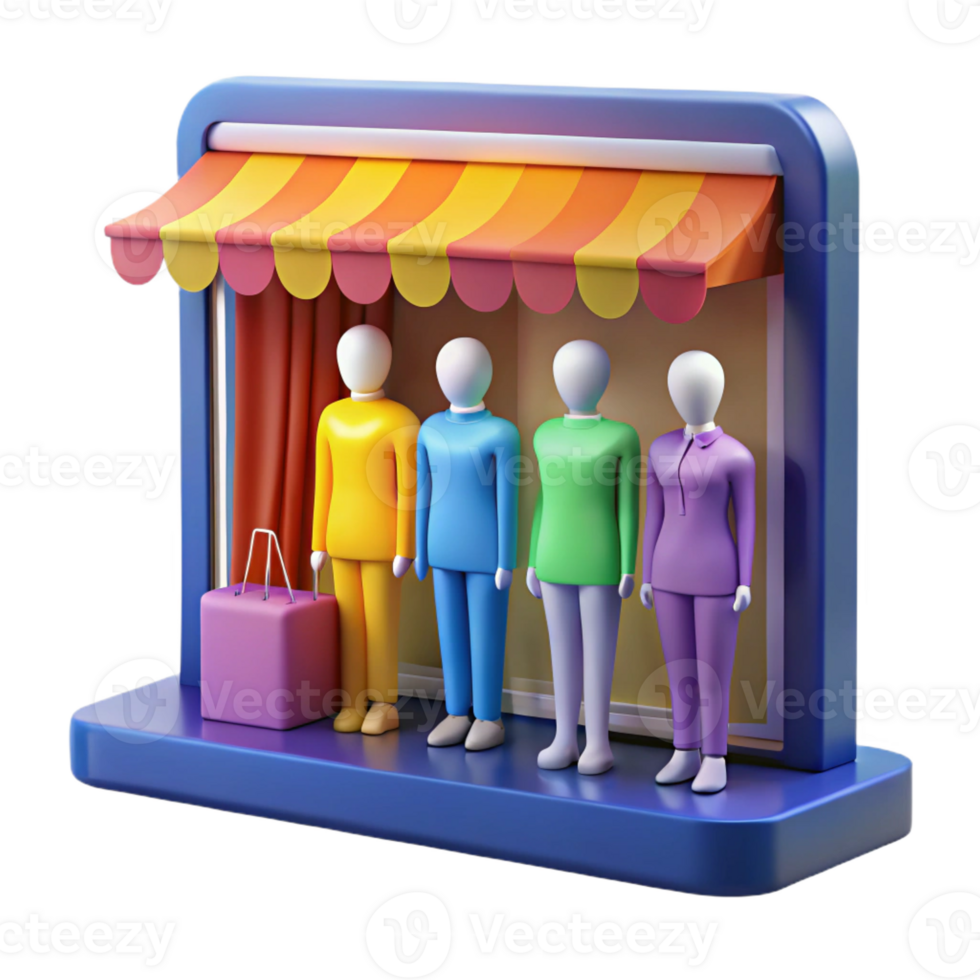 elegant creative A brightly lit shop window displaying mannequins, consumerism theme, vibrant colors, pop art style high resolution png