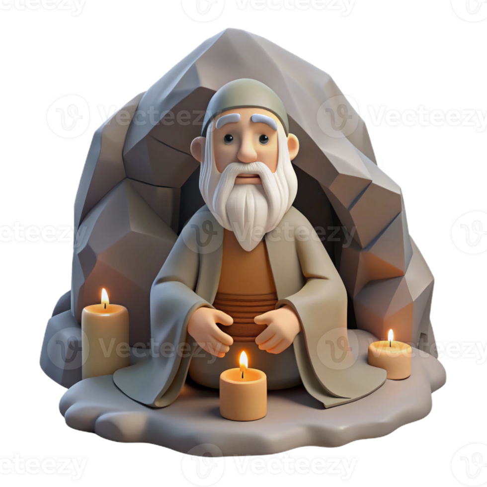 serene modern A wise old hermit with a long white beard and tattered robes, meditating in a mountain cave, illuminated by a single candle. Spiritual art style high quality png