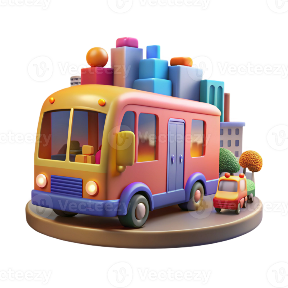 beautiful creative A cartoon bus driving through a busy city, vibrant city lights and bustling crowds illuminating the scene, drawn in a energetic and lively cartoon style high quality png