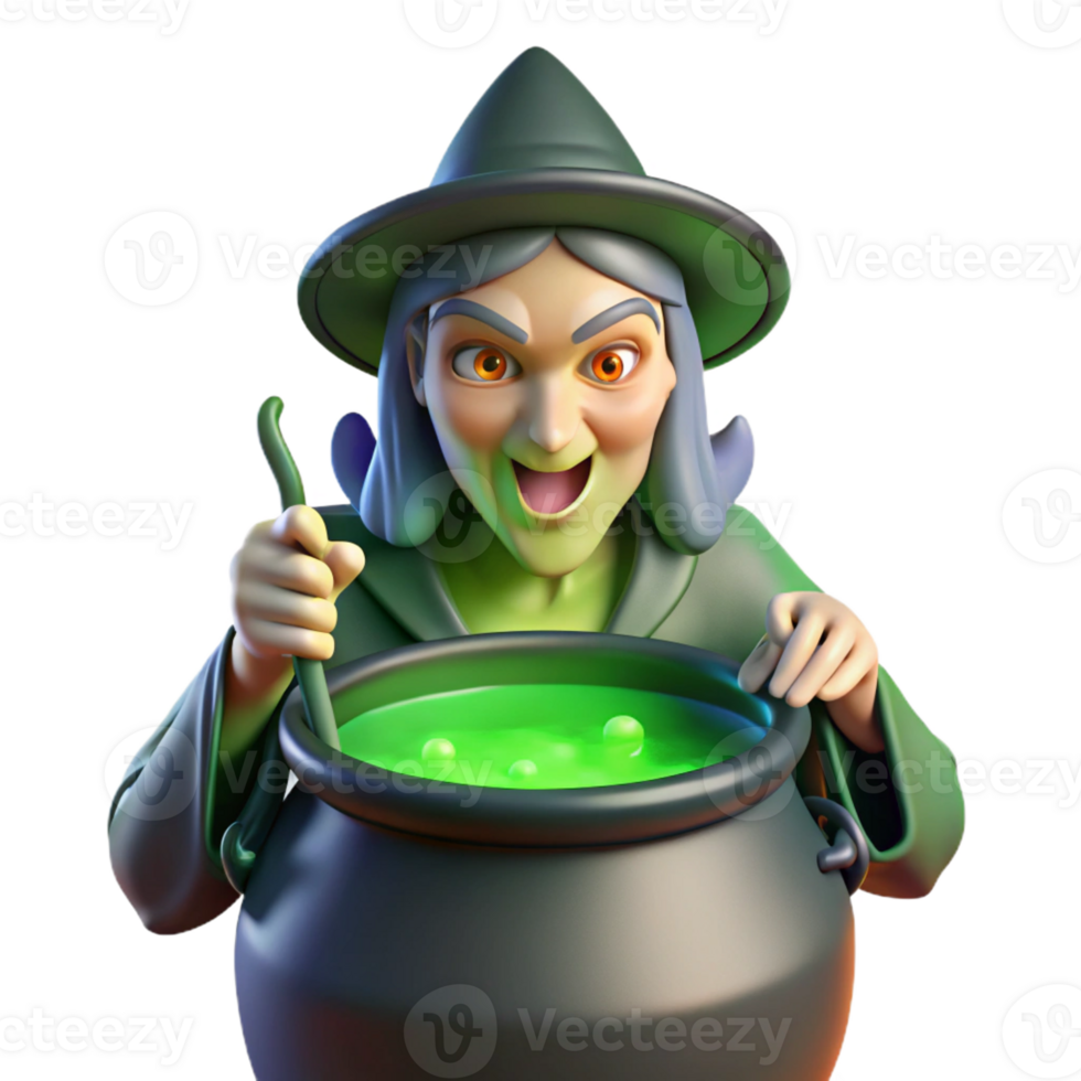 impressive classic A powerful witch brewing a potion in a cauldron, her face illuminated by the green glow. Eerie, magical lighting. Gothic style authentic png