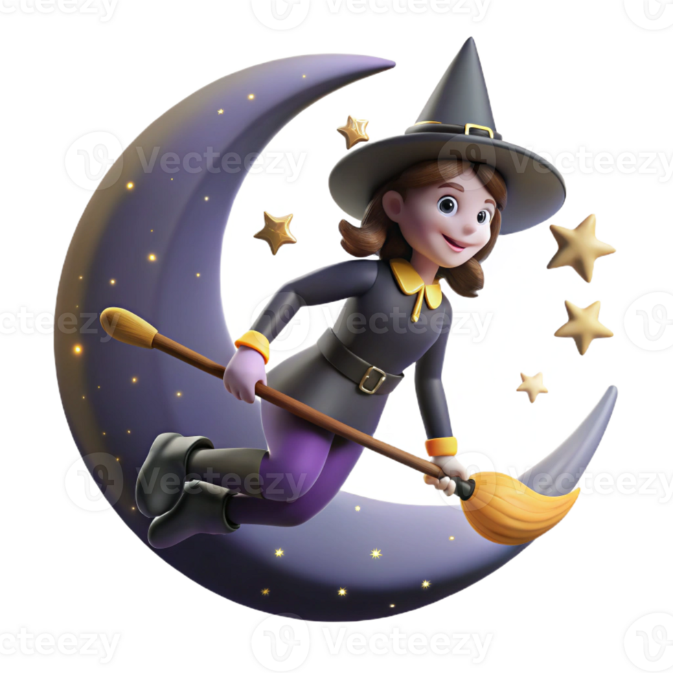 serene creative A young witch with a pointed hat and a broomstick flies across a starry night sky. Silhouetted against the moon. Halloween style professional png