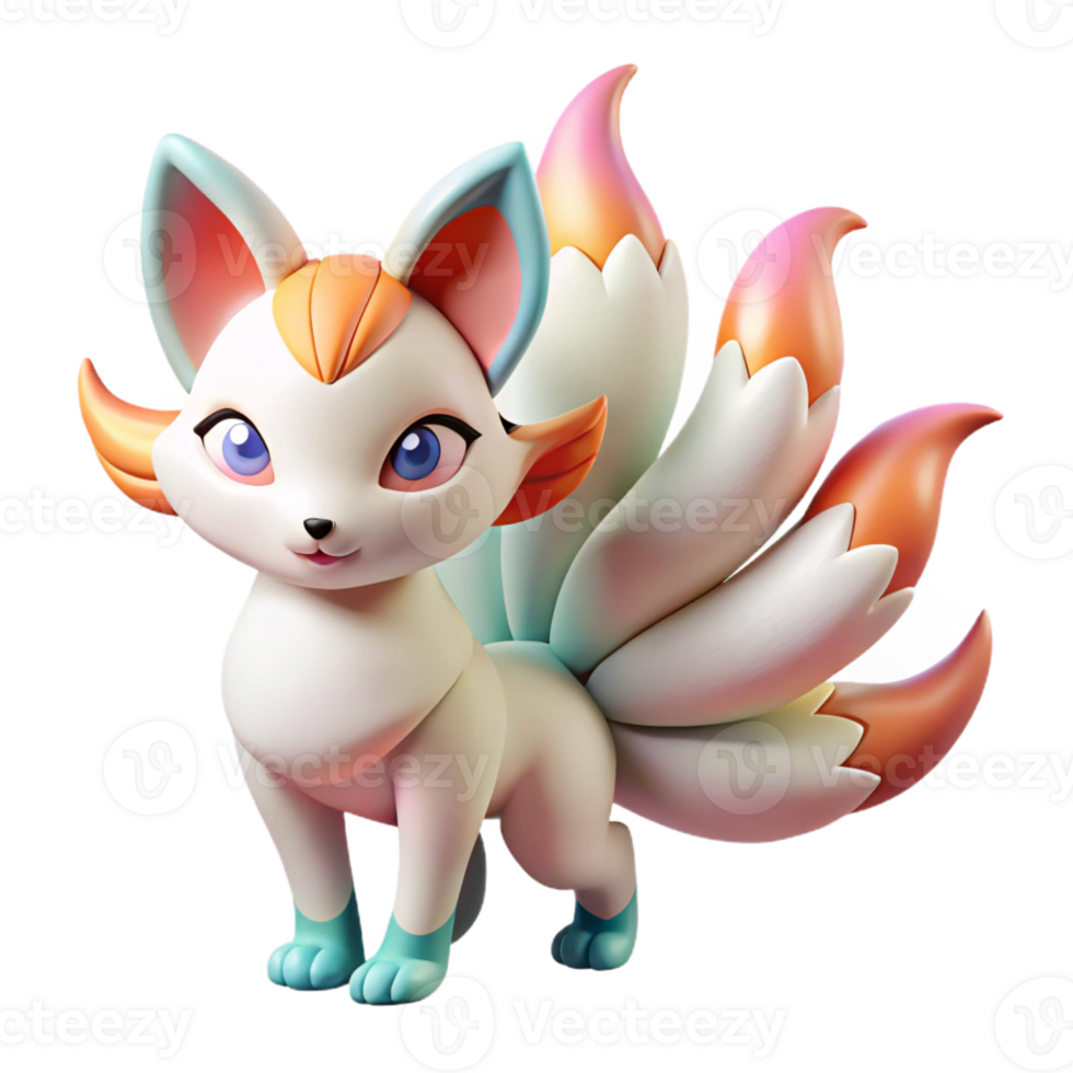 magnificent rustic A playful anime kitsune with multiple tails, each a different color, mischievous expression, soft, pastel lighting, in the style of a folklore anime high quality png