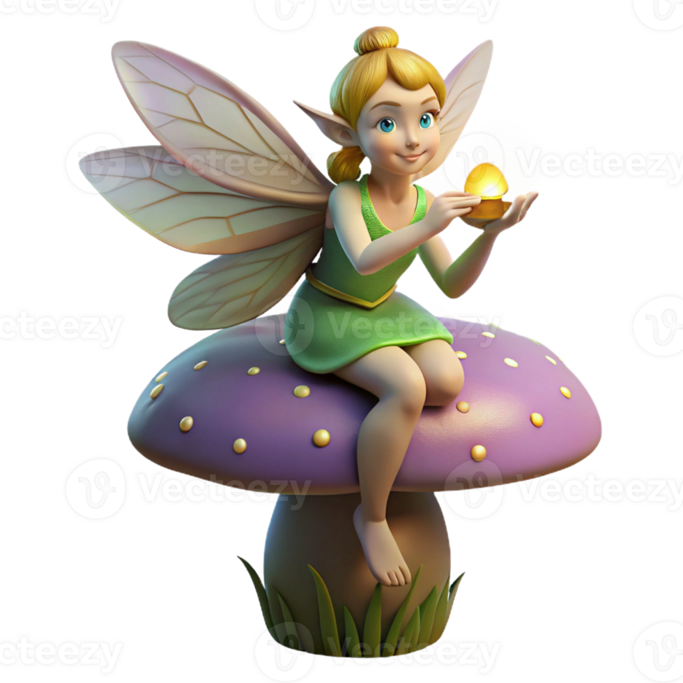 vibrant rustic A mischievous pixie with iridescent wings, perched on a giant mushroom, holding a glowing firefly. Soft, dappled sunlight. Digital painting style high quality png
