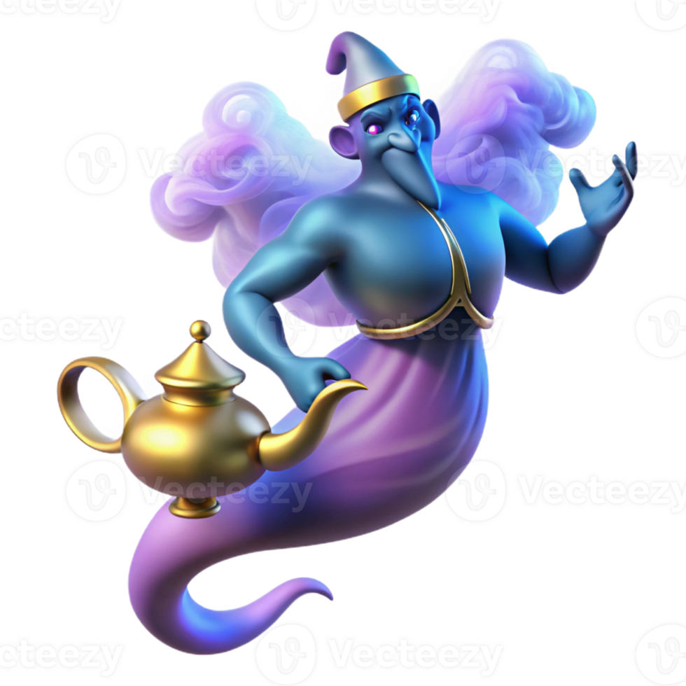 stunning modern A powerful djinn emerging from a magic lamp, surrounded by swirling smoke, illuminated by an otherworldly glow, in an Arabian Nights style exclusive png