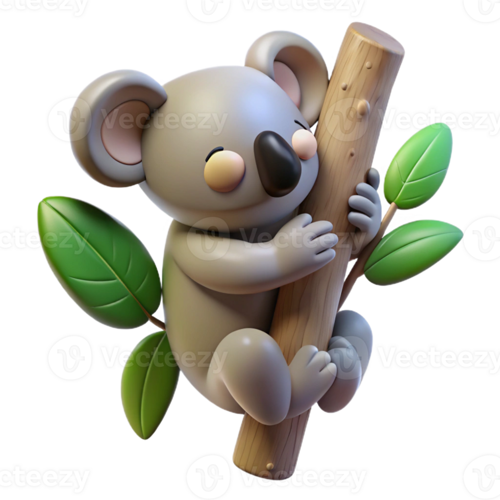 wonderful classic A sleepy koala clinging to a eucalyptus tree, soft, diffused lighting creating a peaceful atmosphere. Photorealistic style with soft focus genuine png