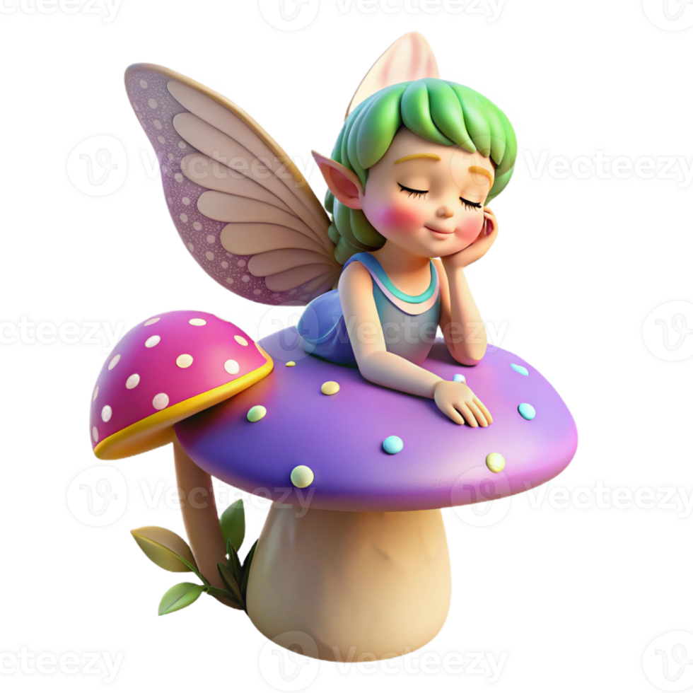 wonderful contemporary A playful pixie with iridescent wings, sprinkling fairy dust on a sleeping mushroom, in a whimsical, children's book illustration style high quality png