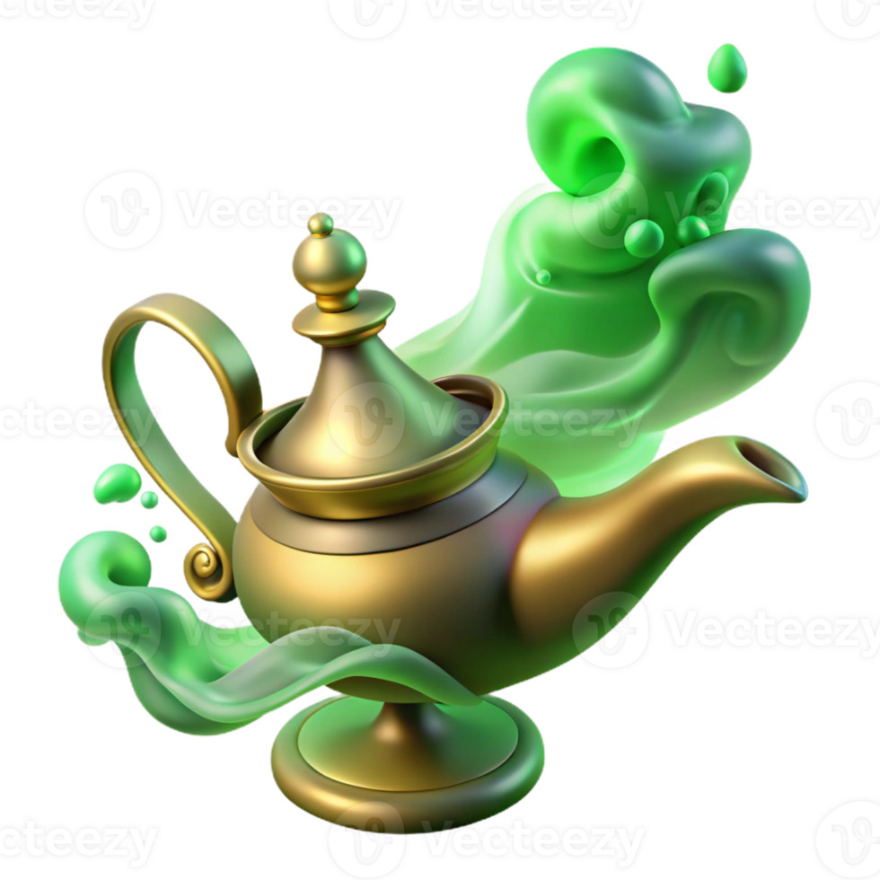 extraordinary minimalist A powerful djinn emerges from a magic lamp, surrounded by swirling smoke. Eerie, green glow. Arabian Nights style genuine png