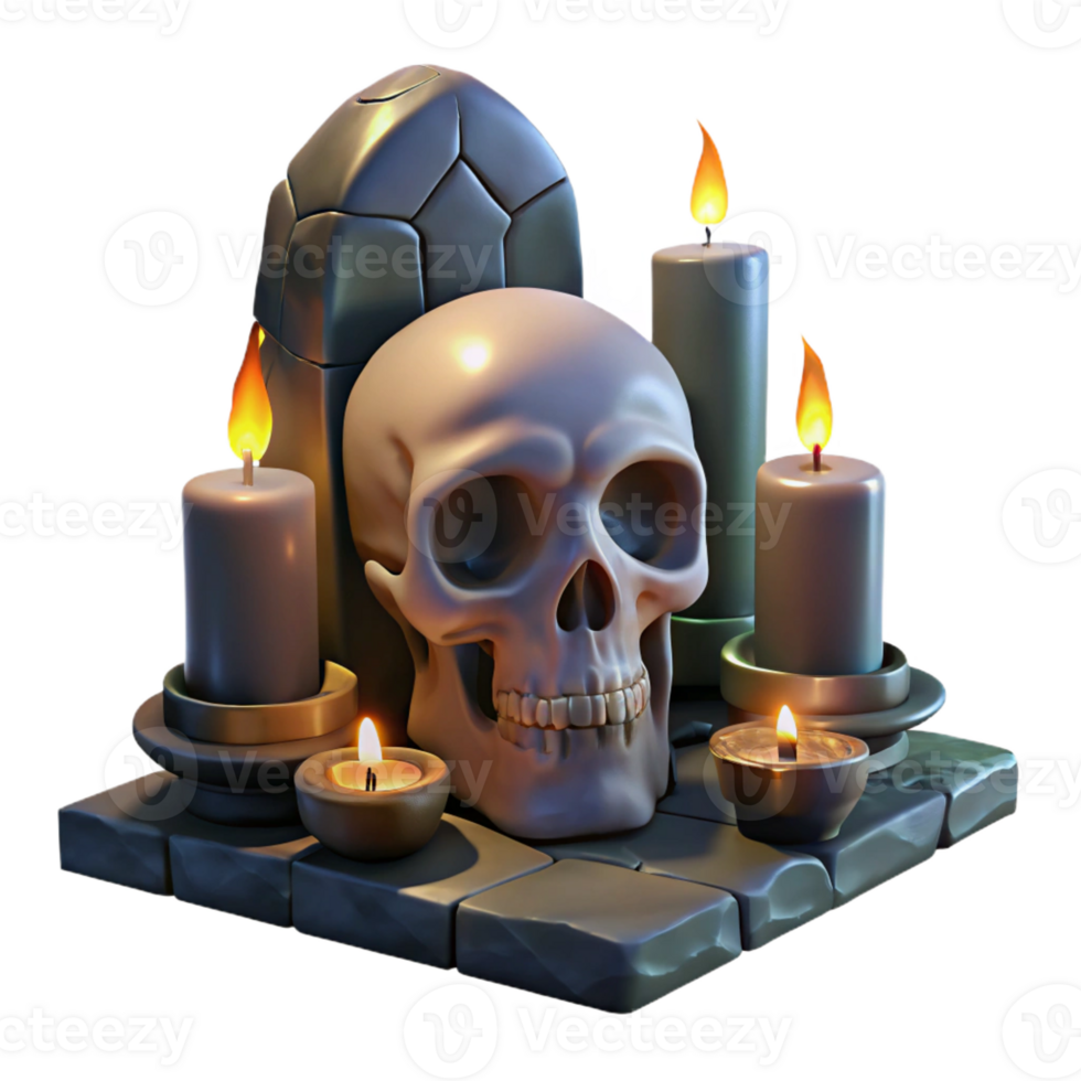 elegant minimalist A decaying skull adorned with intricate, glowing runes resting on a crumbling altar. Lit by flickering candlelight, rendered in a dark, occult style 4K png
