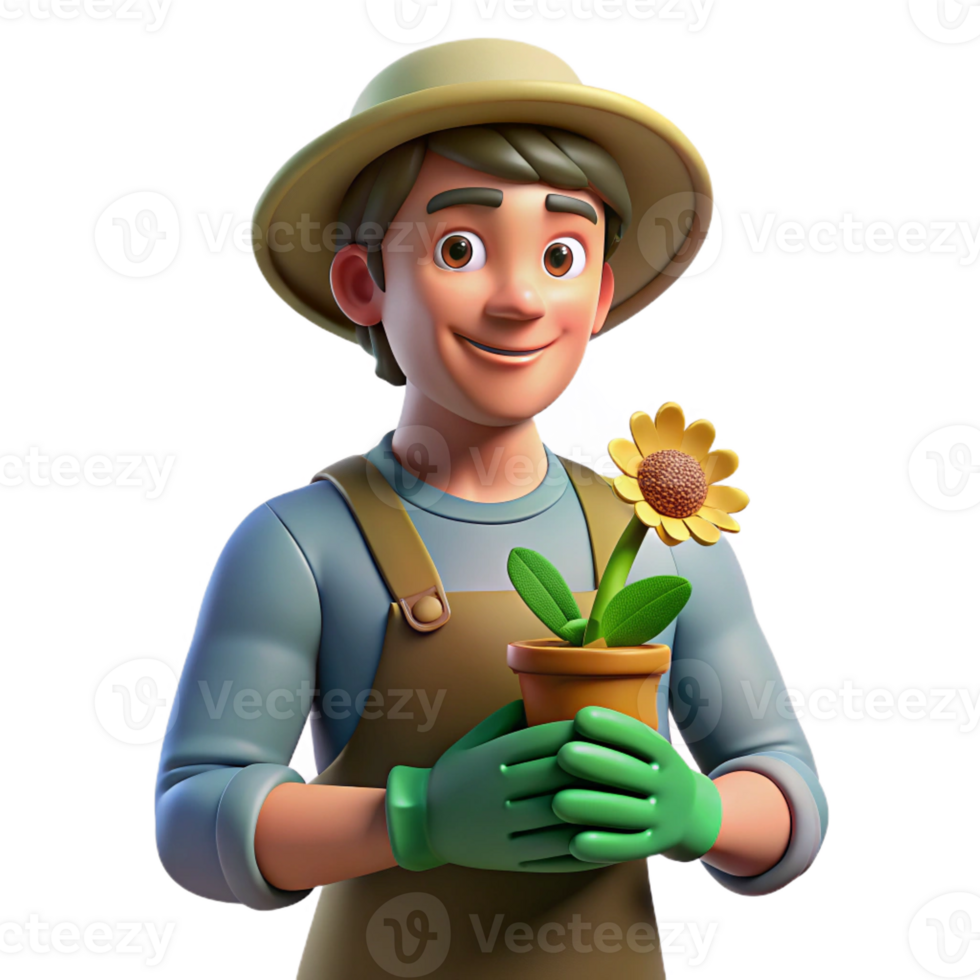 stunning modern Portrait of a gardener with dirt-stained hands, holding a freshly picked flower, lit by natural sunlight filtering through leaves, in a botanical illustration style professional png