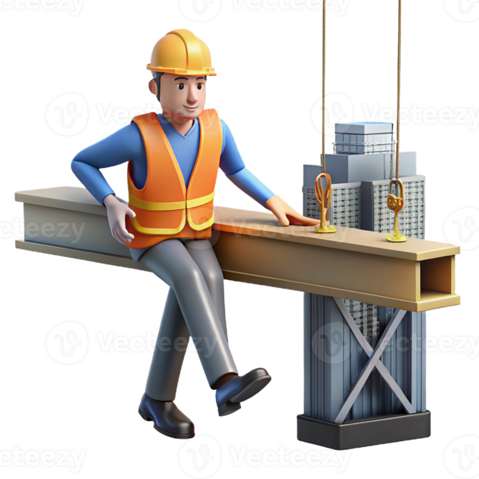 beautiful creative A construction worker taking a break on a girder high above the city, industrial photography, high contrast lighting 4K png