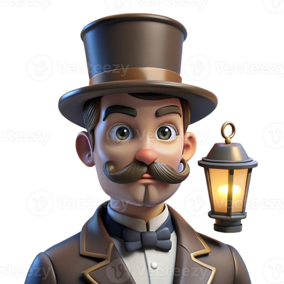 vibrant classic Portrait of a man with a handlebar mustache and top hat, lit by a gaslight, in a steampunk style professional png