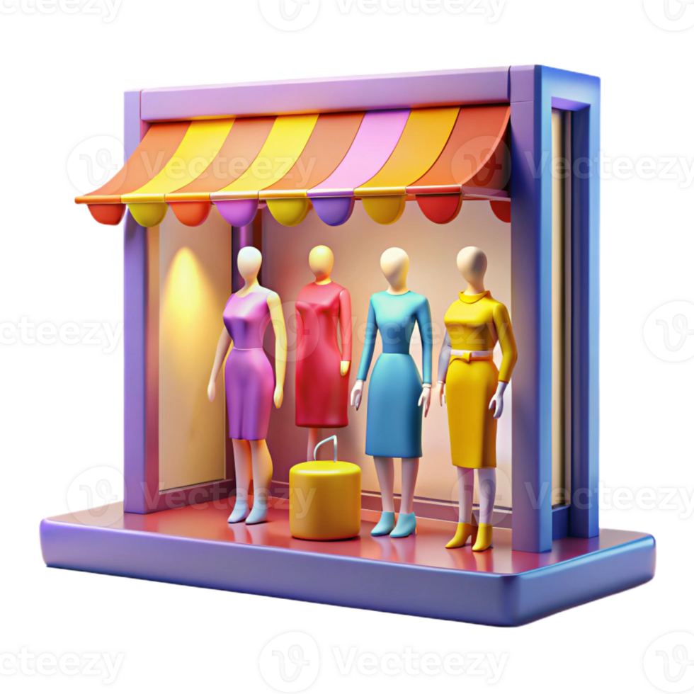 vibrant rustic A brightly lit shop window displaying mannequins, consumerism theme, vibrant colors, pop art style professional png