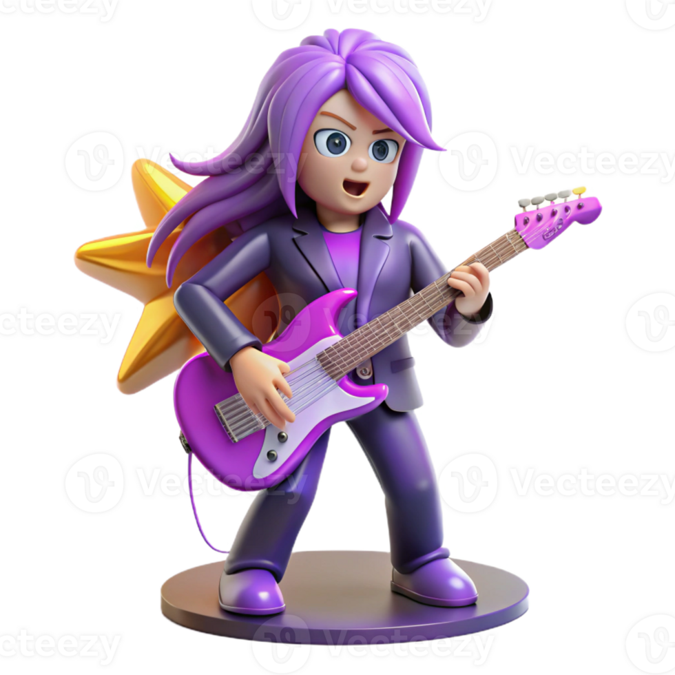 extraordinary classic A charismatic anime rock star with long purple hair, playing an electric guitar, concert lighting with spotlights and lasers, in the style of a music anime detailed png