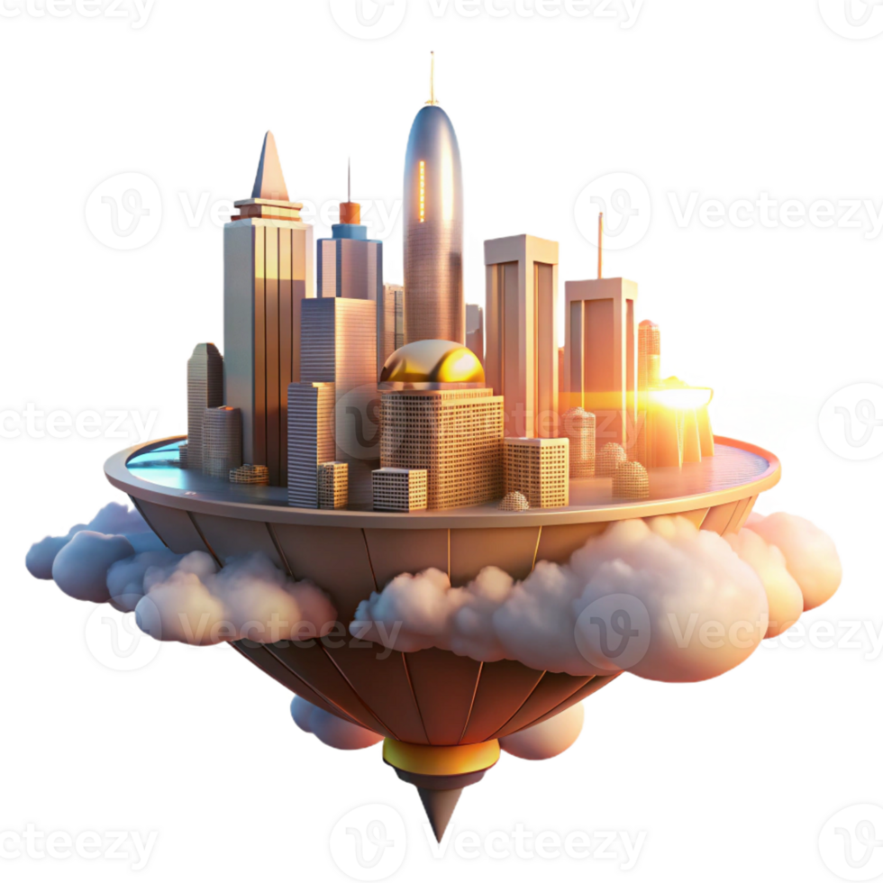 vibrant traditional A futuristic city floating among the clouds, illuminated by the warm, golden light of a setting sun. Utopian style genuine png