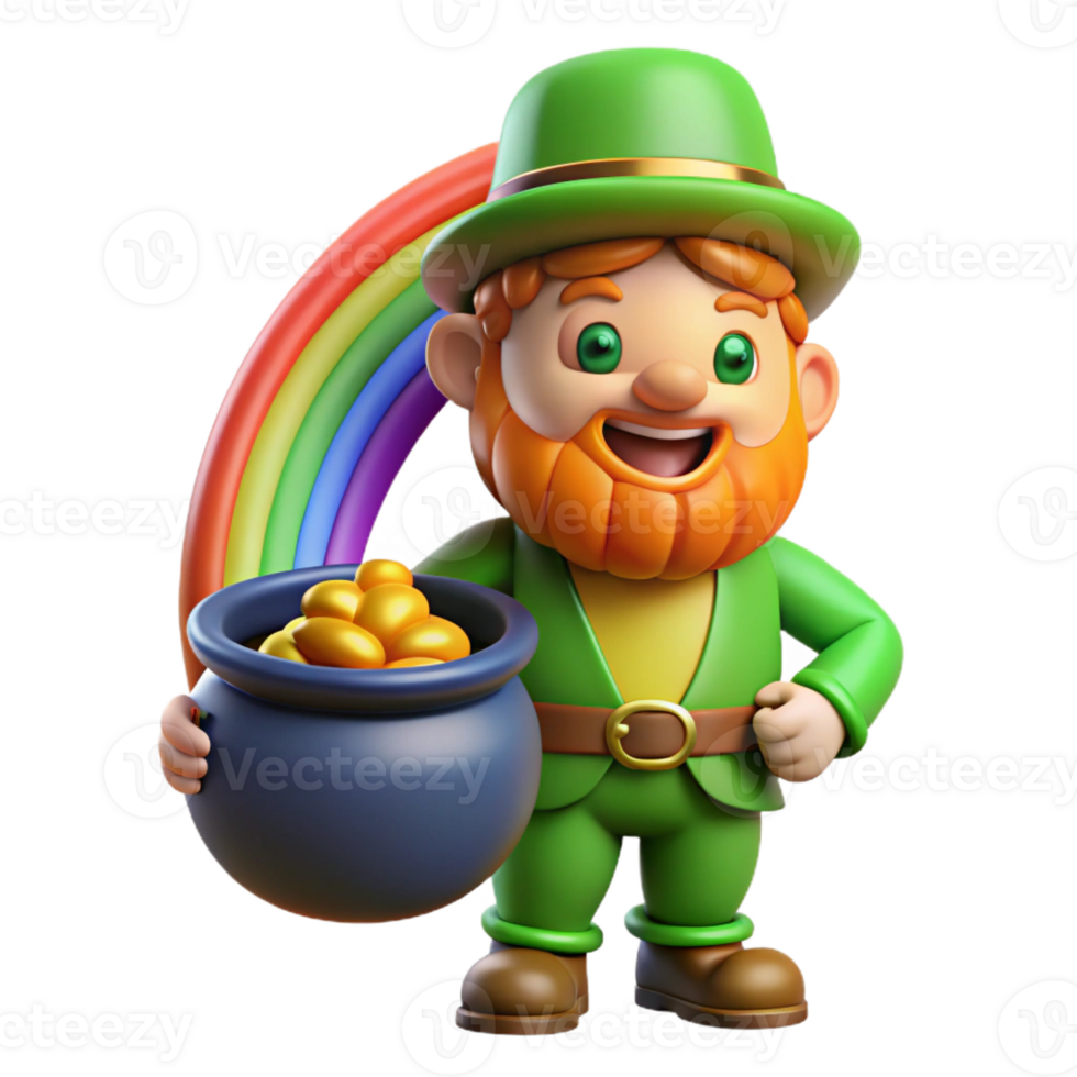 impressive minimalist A mischievous leprechaun guarding his pot of gold at the end of a rainbow. Vibrant, colorful lighting. Cartoon style high resolution png