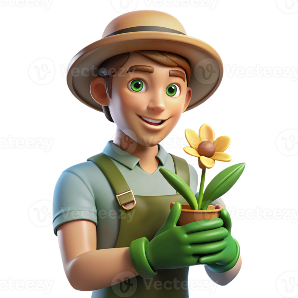 extraordinary minimalist Portrait of a gardener with dirt-stained hands, holding a freshly picked flower, lit by natural sunlight filtering through leaves, in a botanical illustration style exclusive png