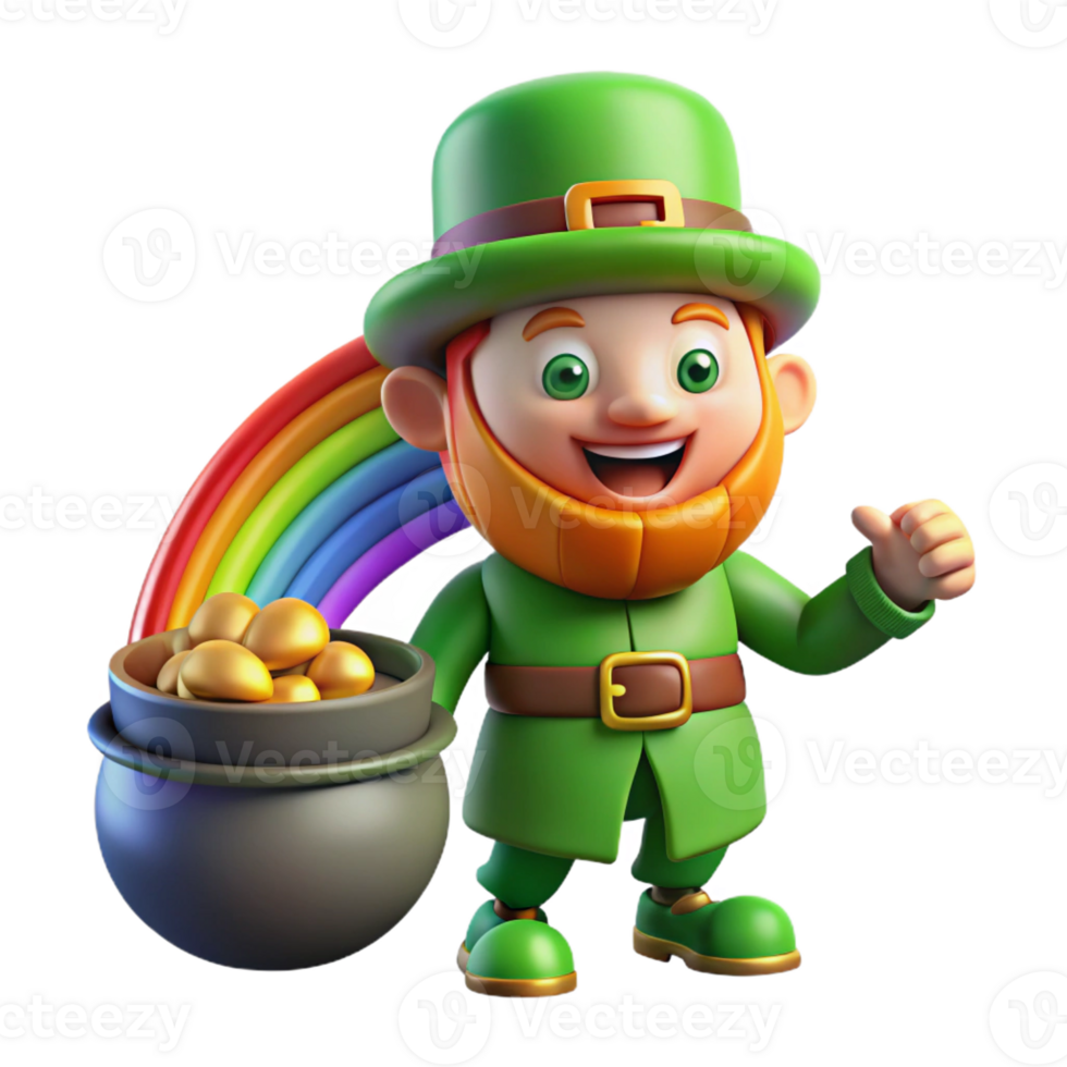 elegant vintage A mischievous leprechaun guarding a pot of gold at the end of a rainbow, illuminated by the rainbow's light, in a whimsical illustration style original png